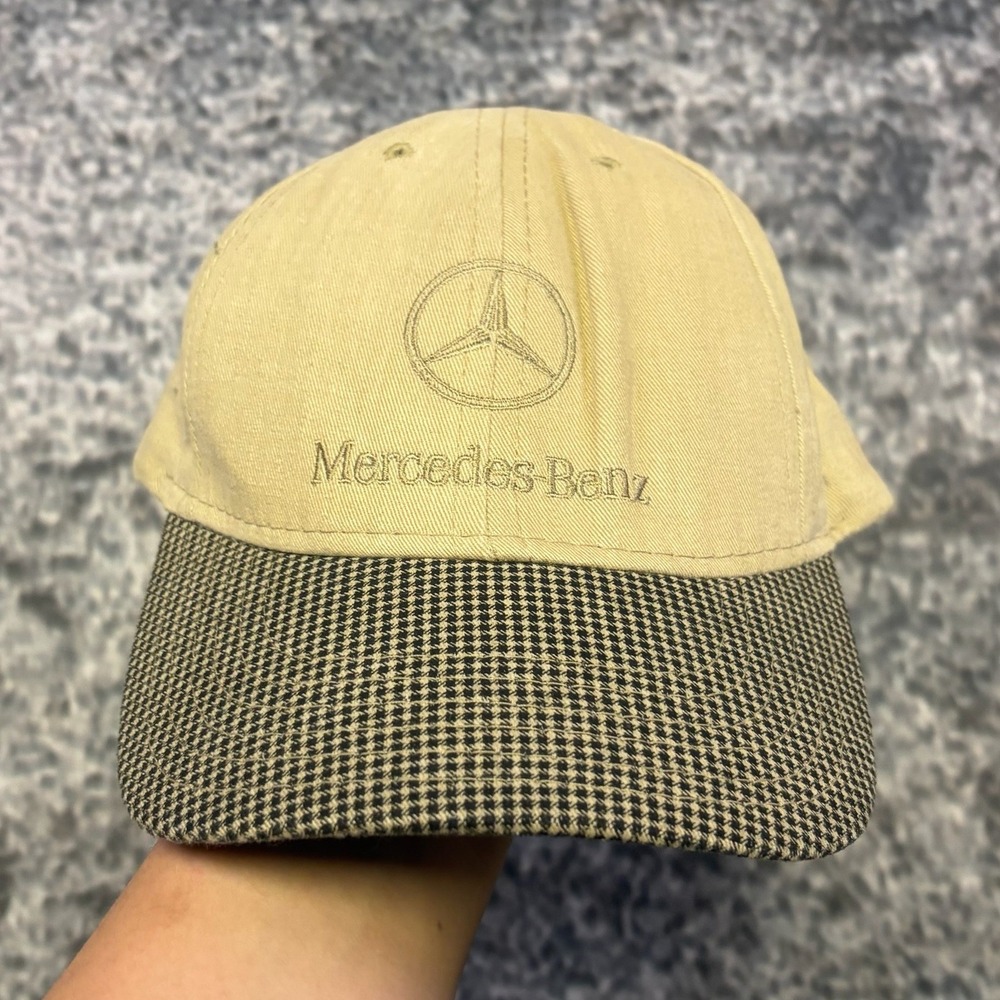 VTG Mercedes Benz Hat Embroidered Logo Luxury 90s USA Adjustable Tan Plaid Brim